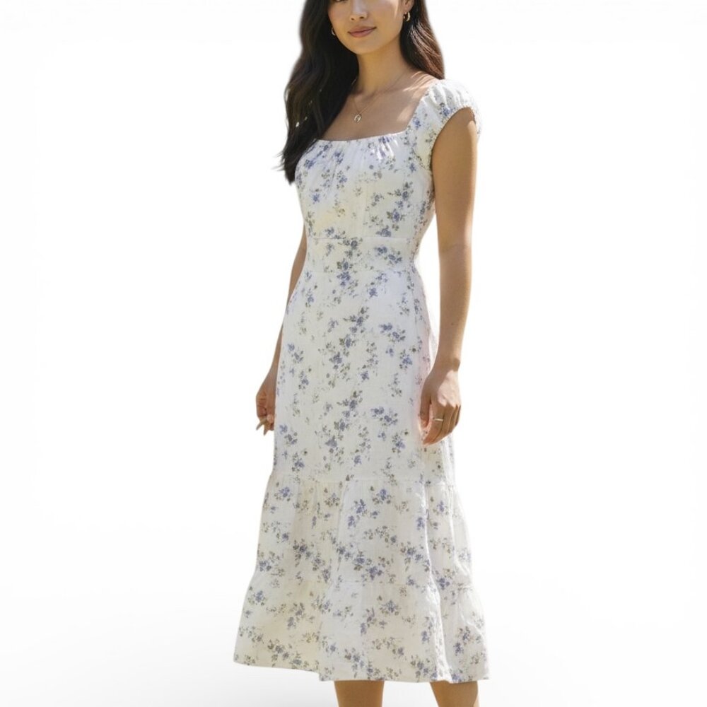 Reformation Floral Midi Dress Blue White Square Neck Wide Strap Medium - Picture 3 of 11